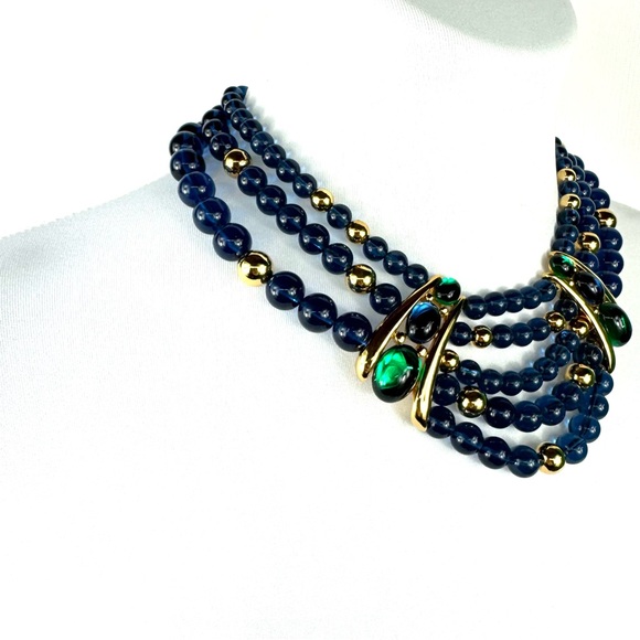 Vintage signed Napier multi-strand statement necklace blue, gold & green beads - Picture 5 of 11